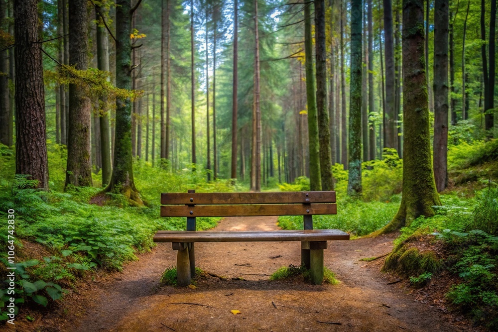 Wooden bench on trekking trail in forest Wooden bench on trekking trail in forest