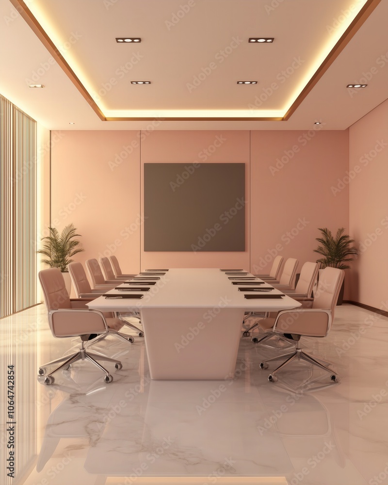 Fototapeta premium Modern Conference Room with Sleek Design, Minimalist Boardroom Table and Leather Chairs, Soft Lighting and Neutral Tones, Elegant Meeting Space, Professional Office Interior