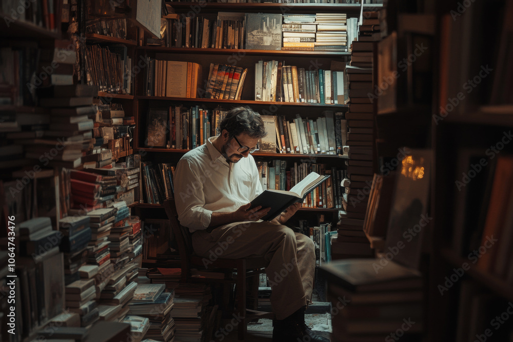 A man sits on a stool, deeply engrossed in a book amid towering shelves filled with various titles in a warm, inviting library, illuminated by soft lighting A man sits on a stool, deeply engrossed in a book amid towering shelves filled with various titles in a warm, inviting library, illuminated by soft lighting