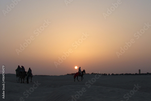 Arab rider on a black horse in the sands of the Sahara Desert (Tunisia); twilight; sun low on the horizon, glowing sunset; an oasis in the distance