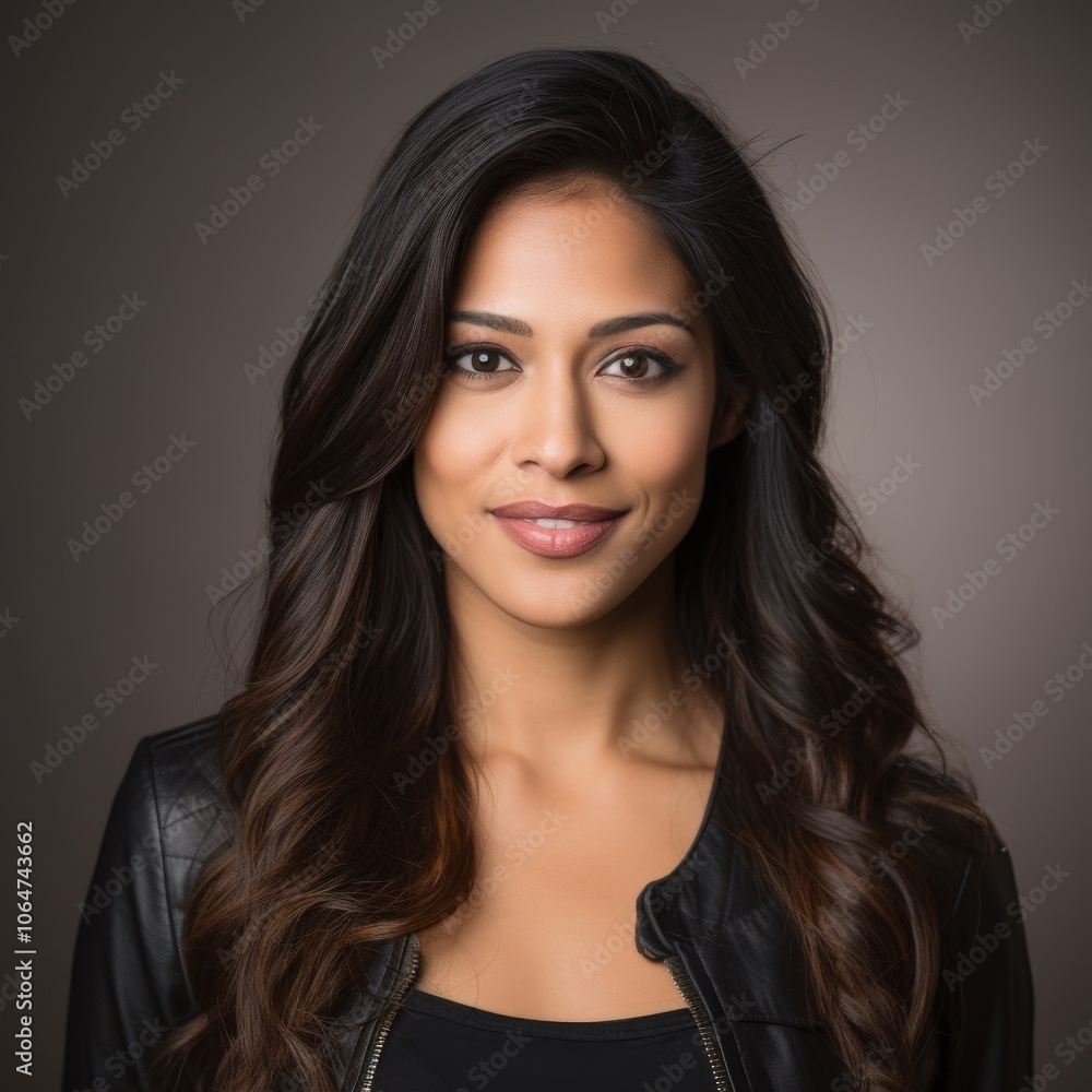 Fototapeta premium Indian woman with a natural smile and loose hair in a casual outfit on a minimalist studio background