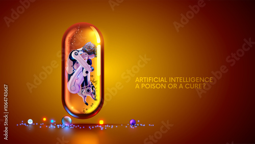 AI robot inside glass capsule of medicine. Artificial intelligence or AI in image of female robot in position of an embryo in pill. Artificial intelligence technology. Artificial neural network.
