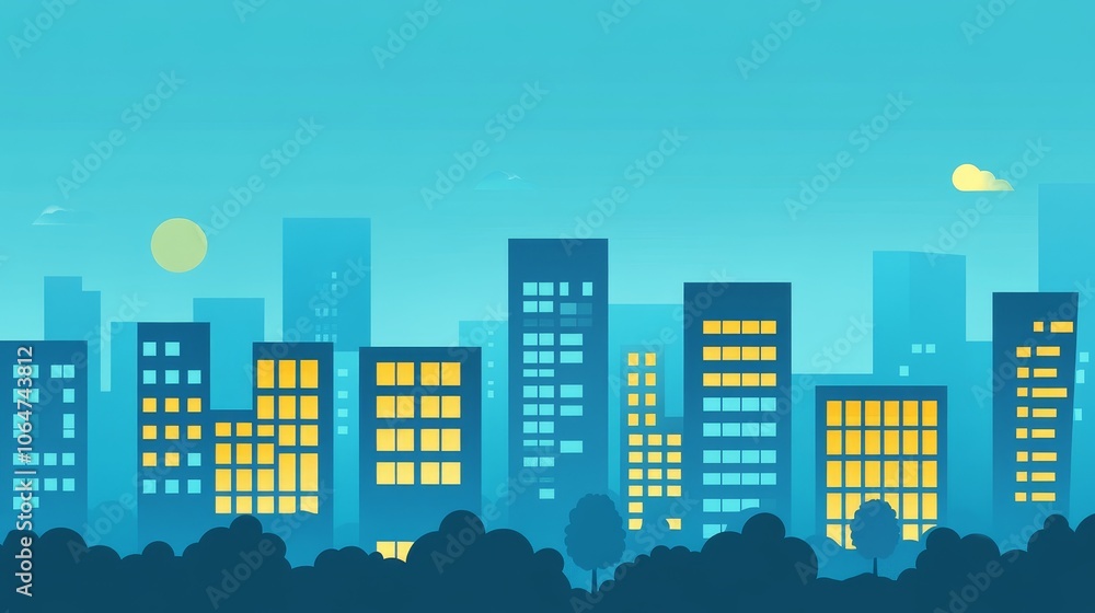 A stylized city skyline at dusk with illuminated windows and a serene blue background. A stylized city skyline at dusk with illuminated windows and a serene blue background.