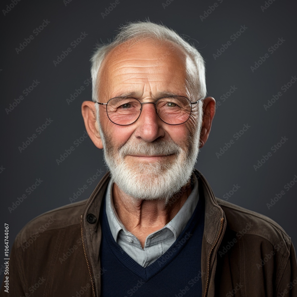 Headshot of an old man with a mustache, wearing a casual jacket with a serious look on a neutral studio background Headshot of an old man with a mustache, wearing a casual jacket with a serious look on a neutral studio background