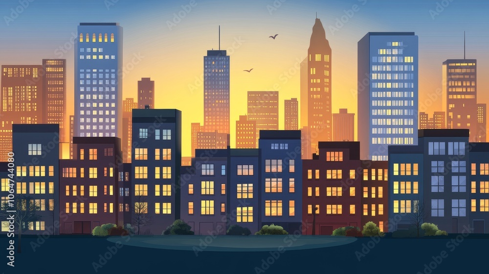 A vibrant city skyline at sunset, showcasing buildings and a tranquil foreground. A vibrant city skyline at sunset, showcasing buildings and a tranquil foreground.
