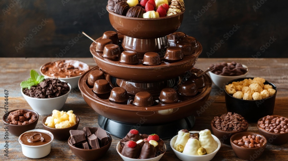 An elegant chocolate fountain with an array of dipping options An elegant chocolate fountain with an array of dipping options