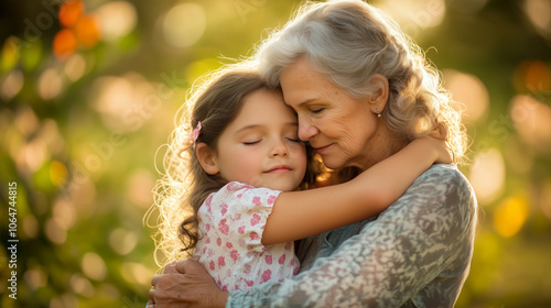 Grandmother and granddaughter hugging each other with closed eyes in a beautiful outdoor setting with golden sunlight