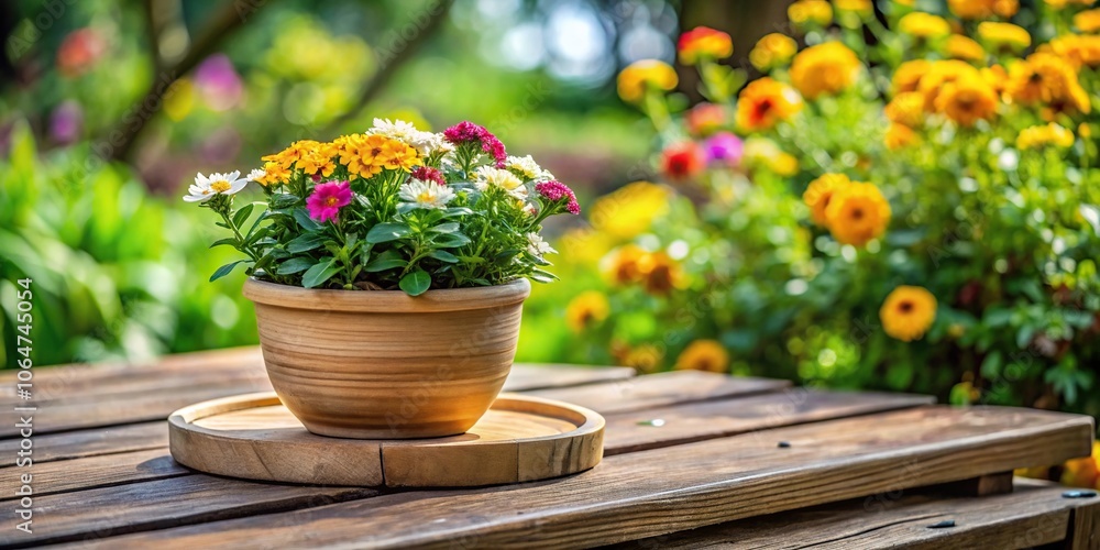 Wooden bird feeder with Alyssum flowers on garden table, high angle view Wooden bird feeder with Alyssum flowers on garden table, high angle view