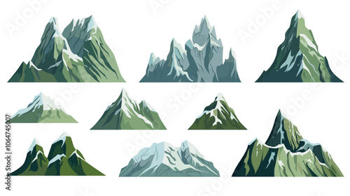 Set of cartoon mountains, rocks, hills, cliffs, peaks isolated on white background, vector illustration.