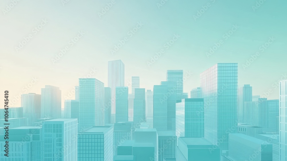 Obraz premium A serene cityscape featuring modern skyscrapers bathed in soft turquoise light.
