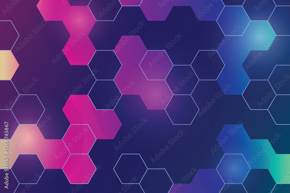 Abstract and modern futuristic surface hexagon backdrop. Circuit line technology digital on blue and pink background. Internet network connection, transfer data communication, cyber nano information.