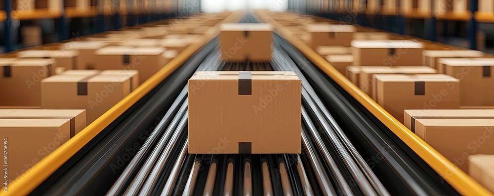 A close-up view of cardboard boxes on a conveyor belt in a warehouse, showcasing efficient logistics and packaging operations. A close-up view of cardboard boxes on a conveyor belt in a warehouse, showcasing efficient logistics and packaging operations.