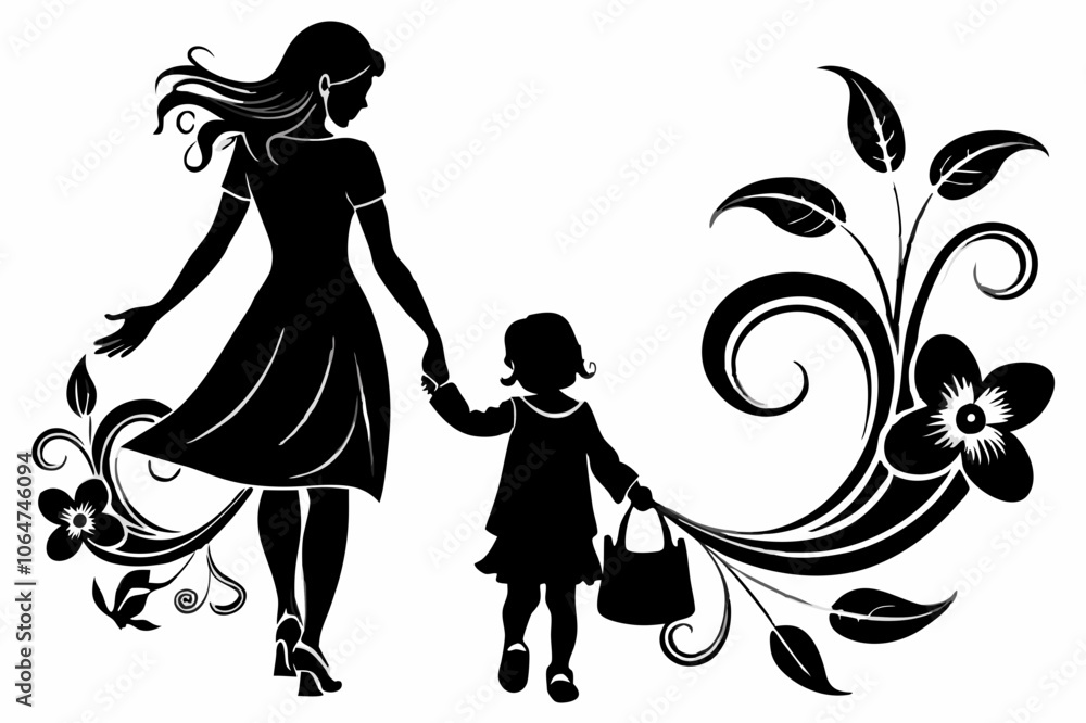 Mother and Child Walking Silhouette Vector Mother and Child Walking Silhouette Vector