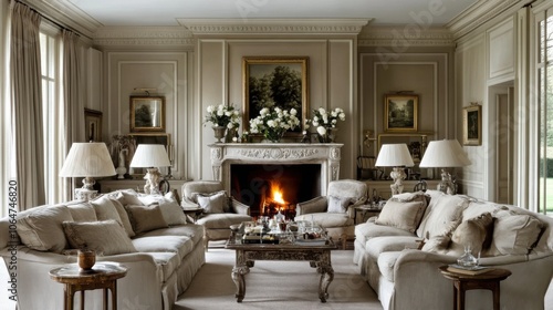 Elegant Living Room with Cozy Fireplace and Artwork