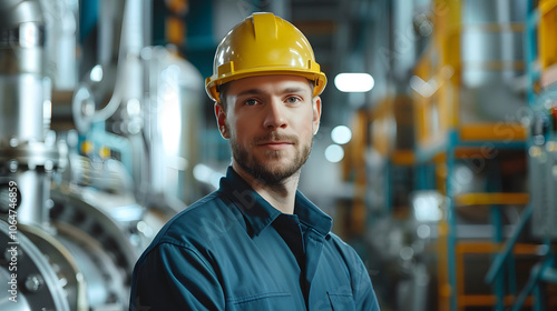 Engineer in uniform at factory works with equipment and checks it