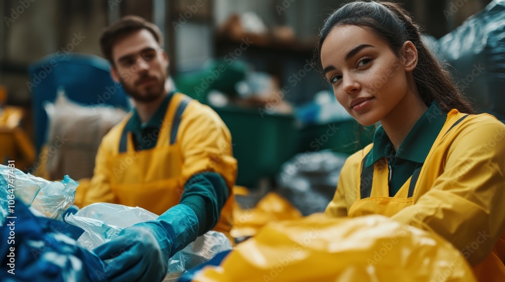 Two individuals sorting waste in a recycling facility, both wearing yellow aprons and gloves, focused on their work amidst bags of materials. Two individuals sorting waste in a recycling facility, both wearing yellow aprons and gloves, focused on their work amidst bags of materials.