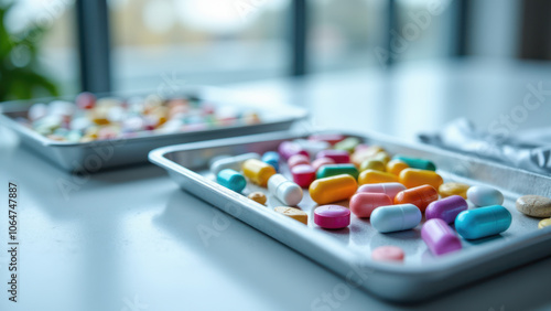 A tray filled with colorful pills on a table.