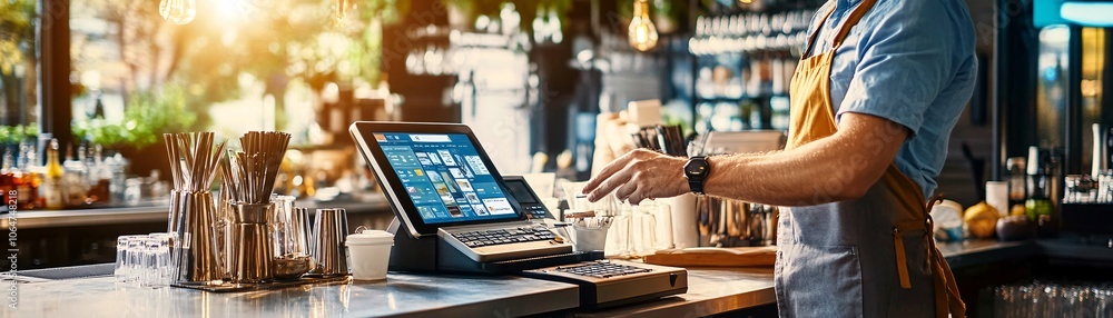 Barista Using POS System for Payment. Barista Using POS System for Payment.