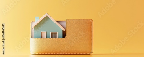 Valokuva A house model emerging from a wallet against a bright yellow background, symbolizing property ownership and investment