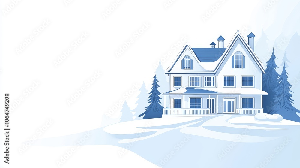 A serene winter scene featuring a charming house surrounded by snow and pine trees. A serene winter scene featuring a charming house surrounded by snow and pine trees.