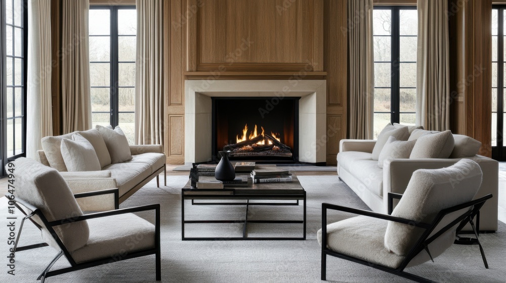 Modern living room with fireplace and stylish furniture Modern living room with fireplace and stylish furniture
