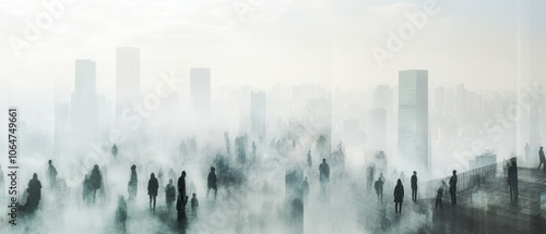 A wide view of a smog-filled cityscape with people in masks and limited visibility depicting air pollutions impact on urban health photo