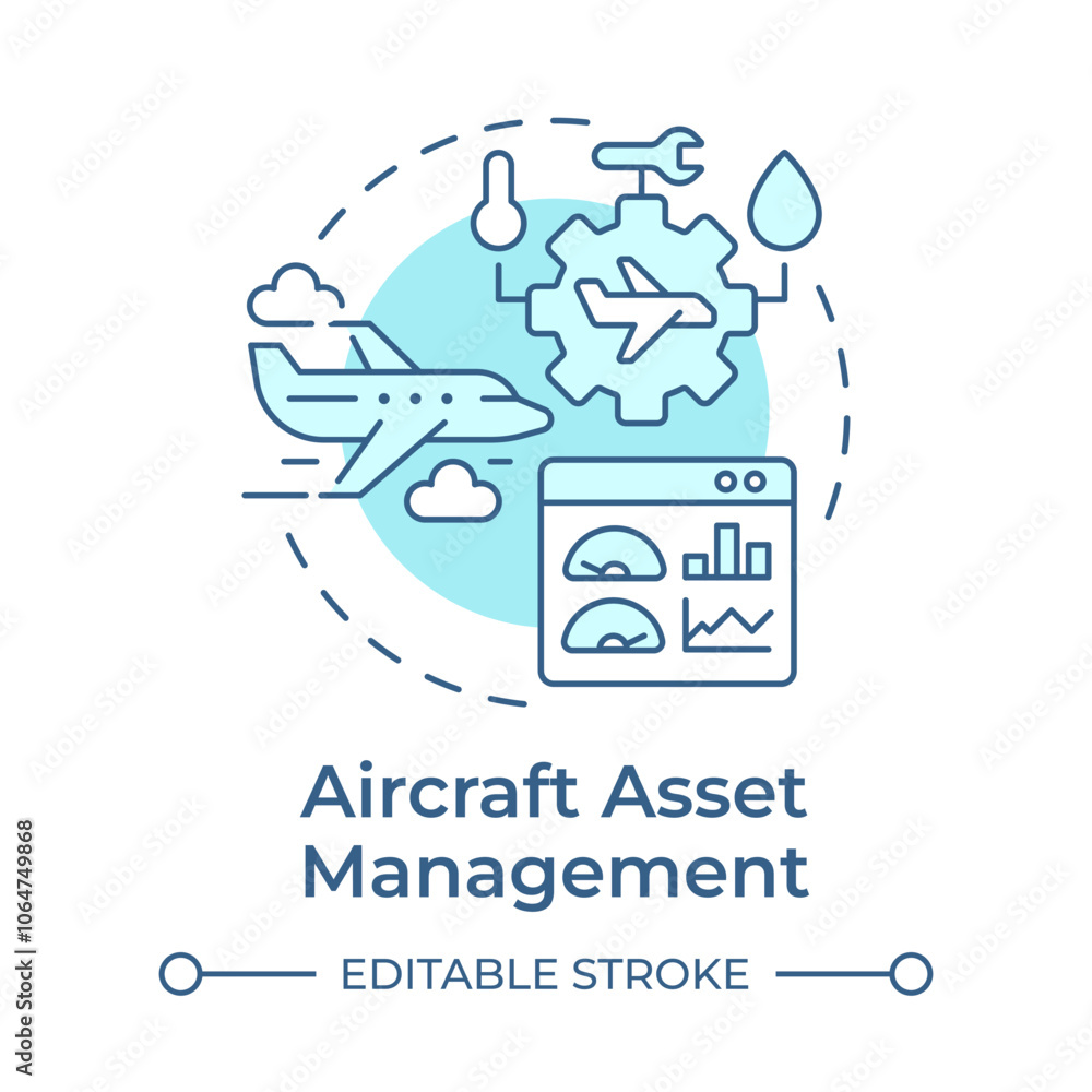 Aircraft asset management soft blue concept icon. Airplane maintenance, engineering. Round shape line illustration. Abstract idea. Graphic design. Easy to use in infographic, presentation Aircraft asset management soft blue concept icon. Airplane maintenance, engineering. Round shape line illustration. Abstract idea. Graphic design. Easy to use in infographic, presentation