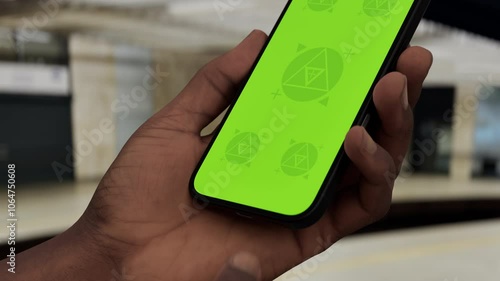 Wallpaper Mural GREEN SCREEN CHROMA KEY Hand holding smartphone at a subway station with train in background, ideal for app or advertisement mockups on a transit theme Torontodigital.ca