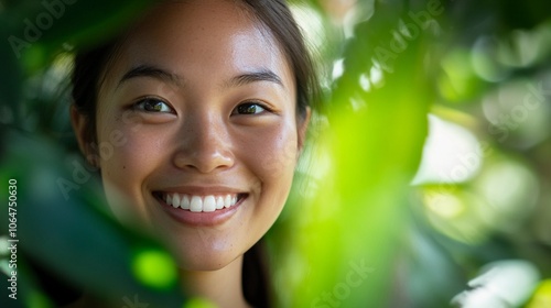 smiling young Asian woman, close-up among leafy green plants, background softly blurred, sunlight illuminating her face