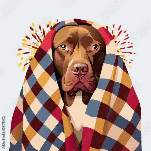 A frightened dog hiding under blankets, scared of fireworks vector illustration