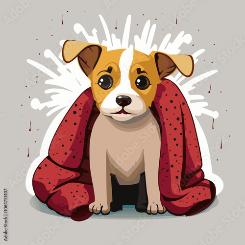 A frightened dog hiding under blankets, scared of fireworks vector illustration