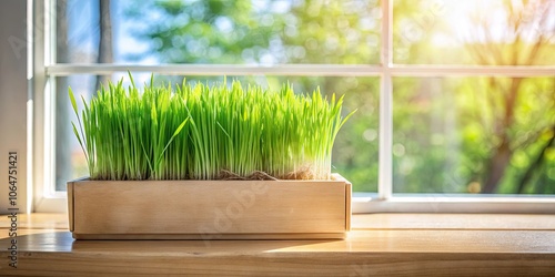 Close-up of a box of fresh wheatgrass growing on a sunny windowsill, healthy, organic, microgreens