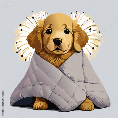 A frightened dog hiding under blankets, scared of fireworks vector illustration