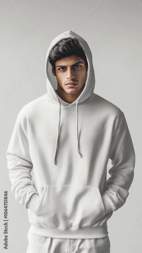 A young Indian man confidently wears a relaxed fit hoodie with hands in his pockets A young Indian man confidently wears a relaxed fit hoodie with hands in his pockets