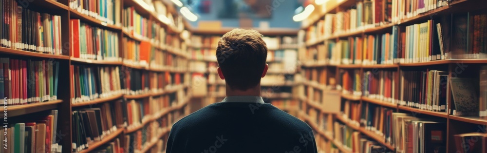 In a welcoming library, an individual gazes at the towering shelves filled with books, contemplating their next read surrounded by knowledge and tranquility In a welcoming library, an individual gazes at the towering shelves filled with books, contemplating their next read surrounded by knowledge and tranquility