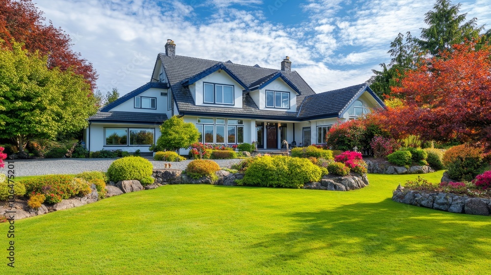 A beautiful house surrounded by lush gardens and vibrant flowers under a clear blue sky. A beautiful house surrounded by lush gardens and vibrant flowers under a clear blue sky.
