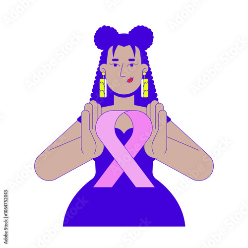 Latin american woman holding pink ribbon awareness 2D cartoon character. Breast cancer survivor female hispanic curvy adult isolated person flat vector on white background. Spot illustration colorful