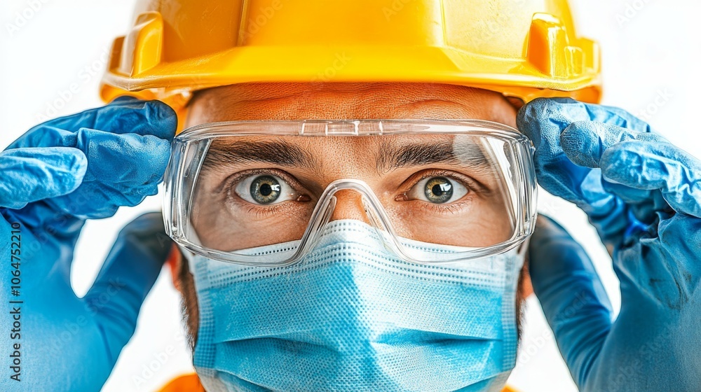 A worker wearing a helmet and safety glasses, isolated on a white background. A worker wearing a helmet and safety glasses, isolated on a white background.