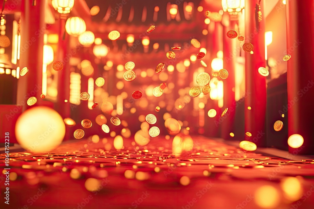 A vibrant 3D cartoon-style red-themed background with glowing golden coins floating through the air, soft particle effects, with generative ai A vibrant 3D cartoon-style red-themed background with glowing golden coins floating through the air, soft particle effects, with generative ai