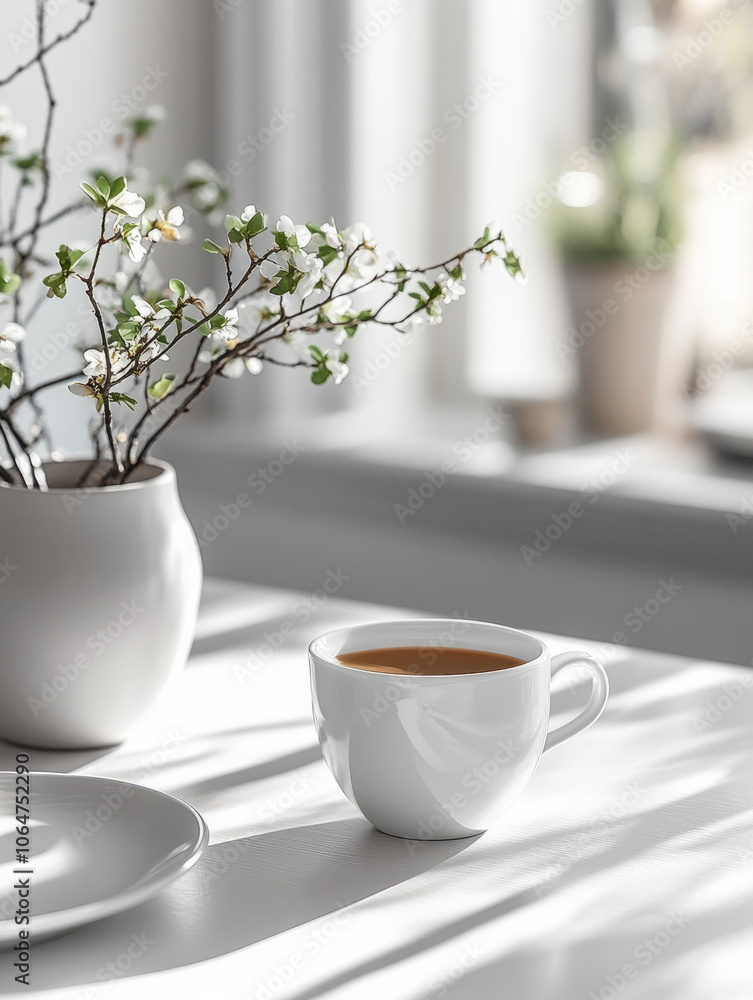Cup of coffee on table with flowering branch Cup of coffee on table with flowering branch