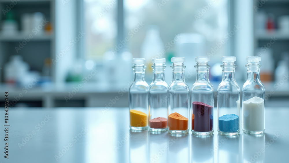 Clear glass vials with colorful pills and powders. Clear glass vials with colorful pills and powders.