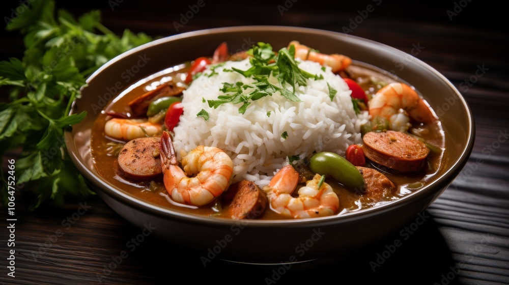 Flavorful gumbo featuring a blend of spices, succulent seafood, fresh thyme, and a side of white rice. Flavorful gumbo featuring a blend of spices, succulent seafood, fresh thyme, and a side of white rice.