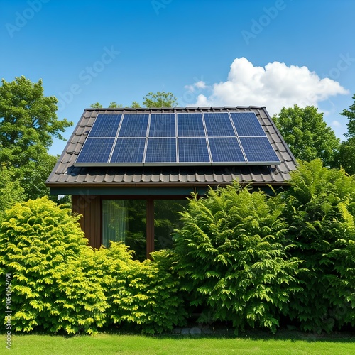 modern house with solar panels on roof, sunny day