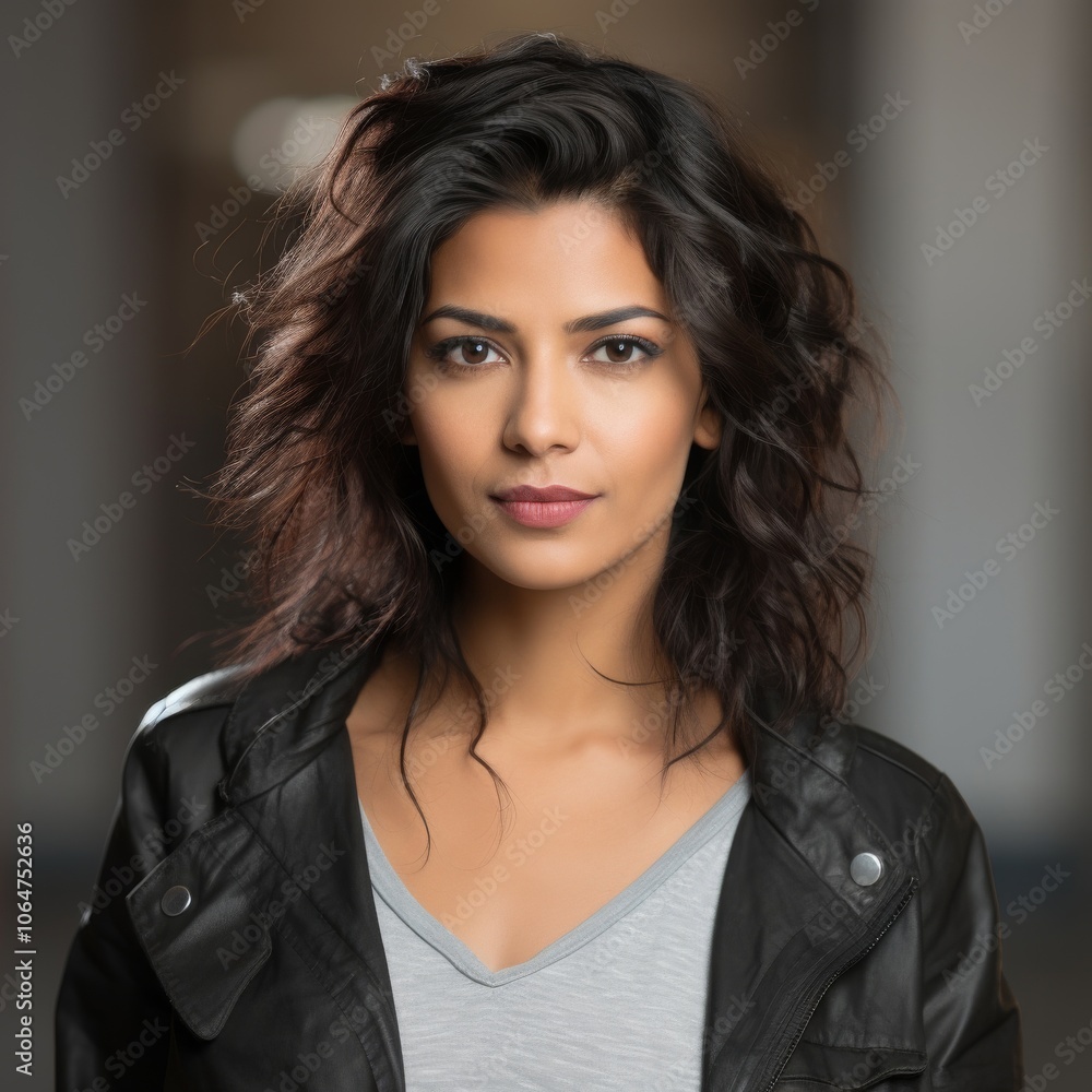 Indian woman with long black hair in a casual t shirt, smiling softly against a plain white background Indian woman with long black hair in a casual t shirt, smiling softly against a plain white background