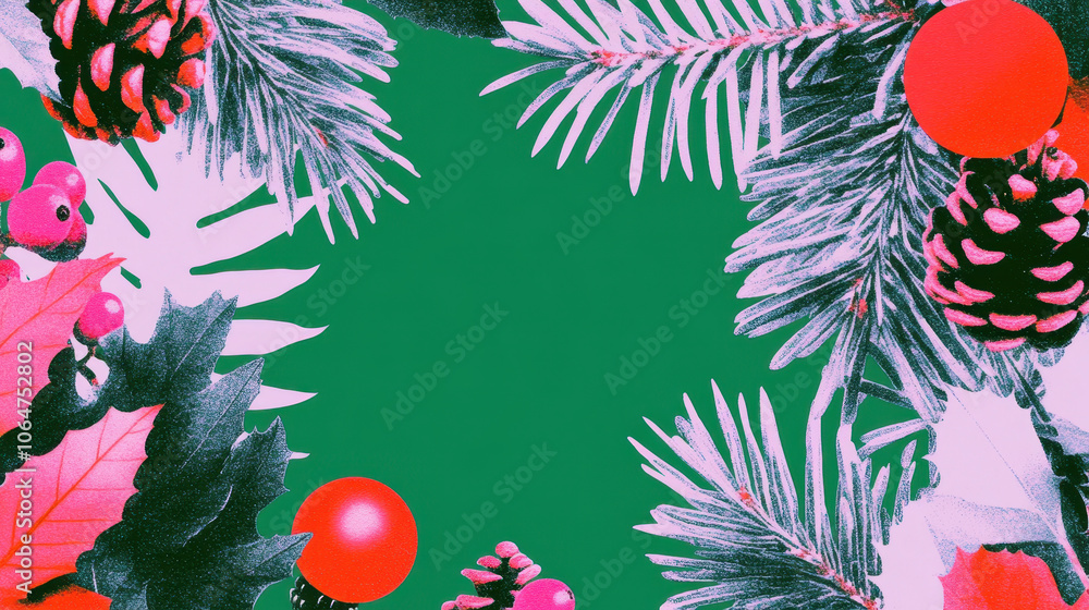 Naklejka premium Festive Holiday Frame with Pinecones and Evergreen Branches on Green Background