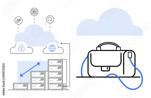 Cloud icons connecting to servers, security, users, stats ascending trend graph. Blue elements, briefcase. Ideal for IT, tech reports, security, remote work, business strategy, cloud services