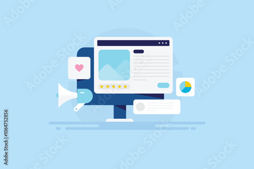 Blog post and website promotion with content marketing and online advertising campaign, e-business concept vector illustration.
