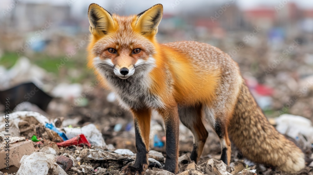 Fototapeta premium Foxes scavenge polluted urban areas mistaking trash for food fox in city landfill urban pollution impacts wildlife concept