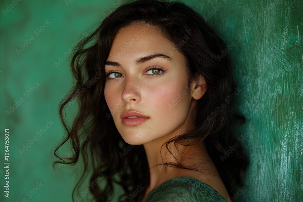 Portrait of a woman with voluminous, wavy brunette hair and a subtle makeup look, placed against a green background Portrait of a woman with voluminous, wavy brunette hair and a subtle makeup look, placed against a green background