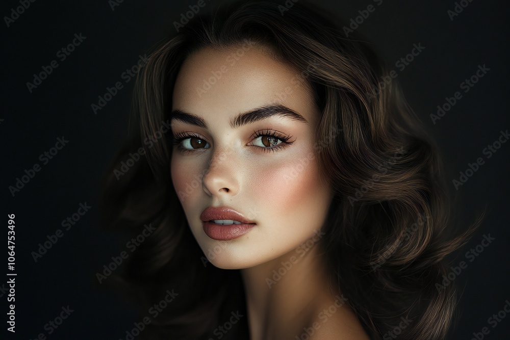 Portrait of a woman with voluminous, wavy brunette hair and a subtle makeup look, placed against a black background Portrait of a woman with voluminous, wavy brunette hair and a subtle makeup look, placed against a black background